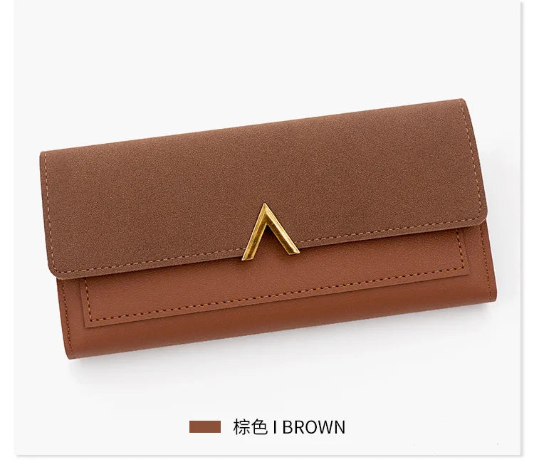 New Korean version women's wallet long V-shaped buckle three fold wallet for women, hand-held bag, change card bag - Clikcy