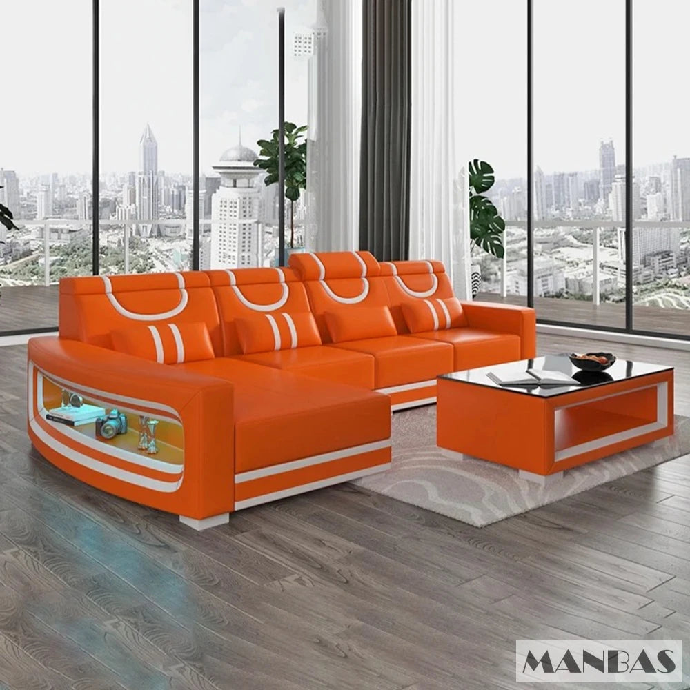 Upgrade Your Living Room with MANBAS Italian Genuine Leather Sofa - 2 Colors Combination, LED Light & Soft Cushions - Clikcy