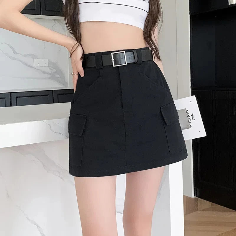 2025 New Spring Summer Vintage Cargo Skirts Women Casual Pockets A-line Short Skirts Ladies Fashion High Waist Mini Skirt - Clikcy