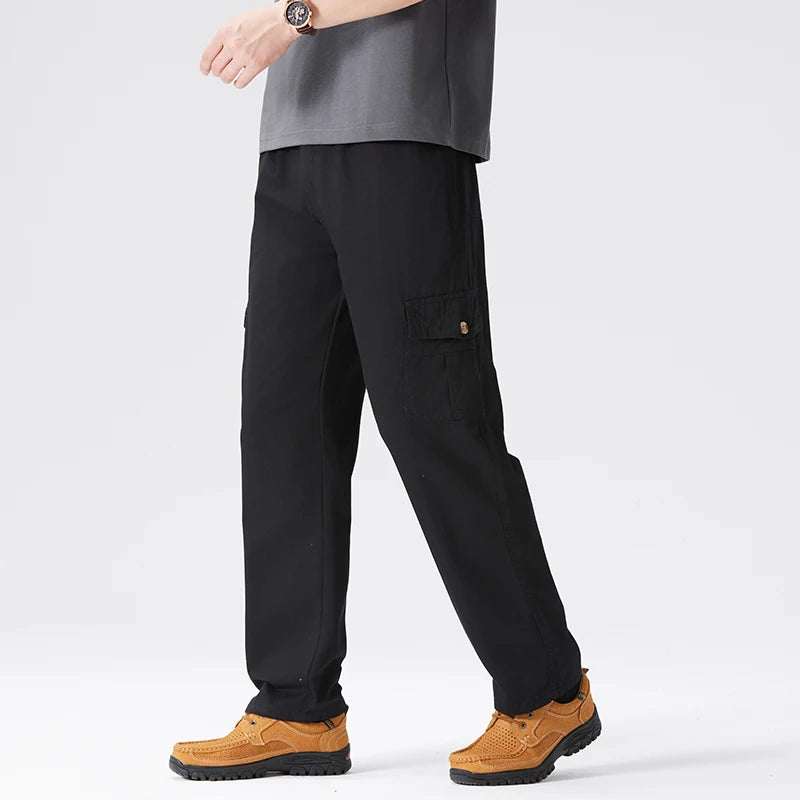 100% Cotton Men's Cargo Pants Straight Fit Loose Work Trouser Male Spring Summer High Waist Big Size Large Plus Elastic Pocket