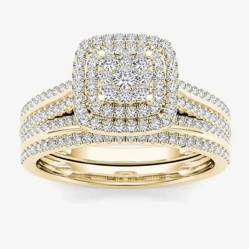 Delicate Gold Color Square Geometry Ring for Women Luxury Metal Inlaid White Stones Ring Set Jewelry - Clikcy