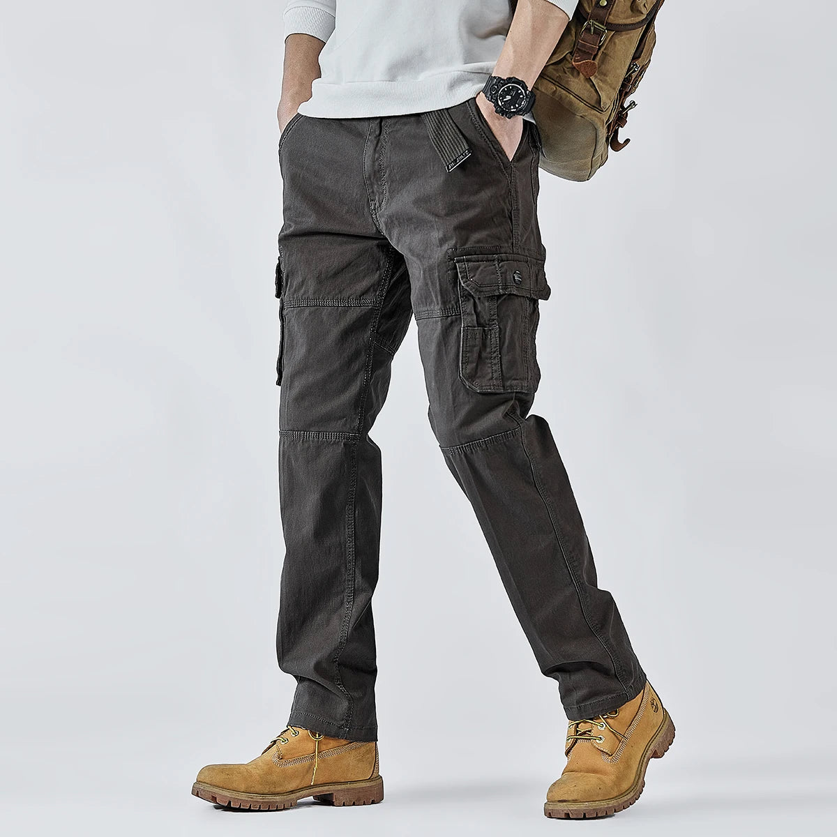 2025 Men's Cargo Pants Straight Leg Cotton Stretch Tactical Trouser Male Military Outdoor Camping Fishing Casual Work Wear Khaki - Clikcy