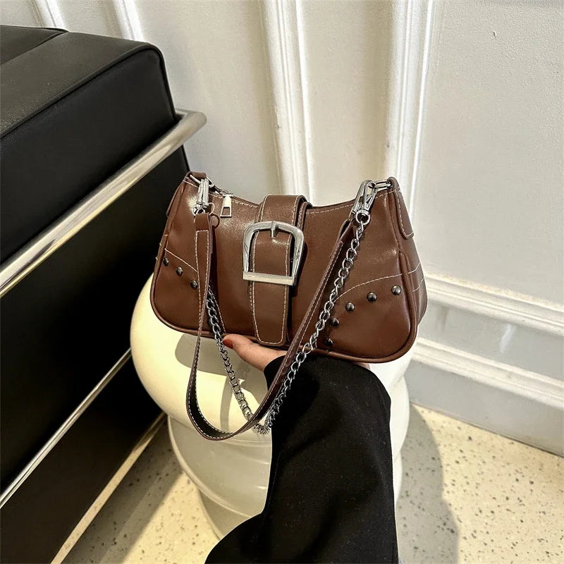 Vintage Rivet Women's Shoulder Bags Solid Color Ladies Underarm Bag Fashion Chain Small Handbags PU Leather Female Tote Purse - Clikcy