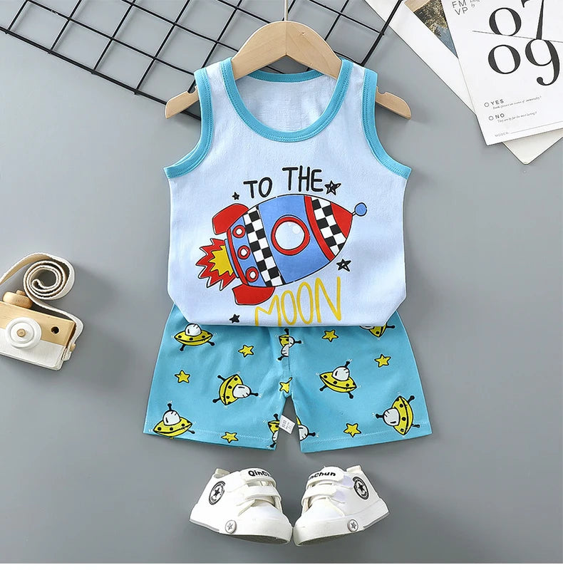 Children Sets Kids Clothes Boys Girls Vest Suit  Summer Children's Clothing baby Cotton T-Shirts Shorts Tank Top Sleeveless - Clikcy