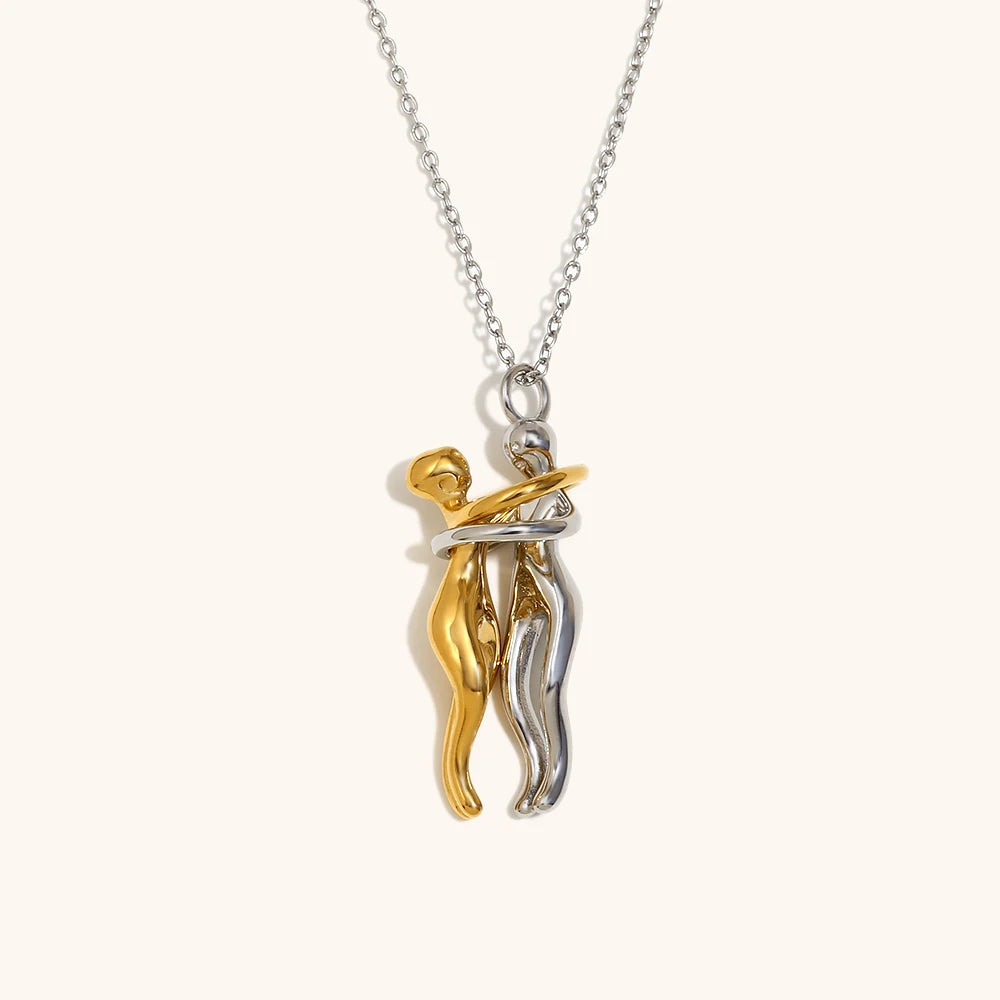 La. Muses Mixed Color Couple Hug Pendant Stainless Steel Women's Necklace Romantic Fashion Jewelry Commemorative Gifts - Clikcy