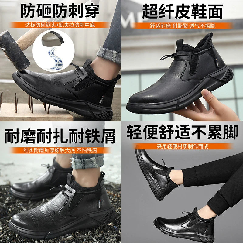Black Leather Men Waterproof Shoes Work Safety Shoes Steel Toe  Men Sneakers Wear-resistant Indestructible Construction Man Boot