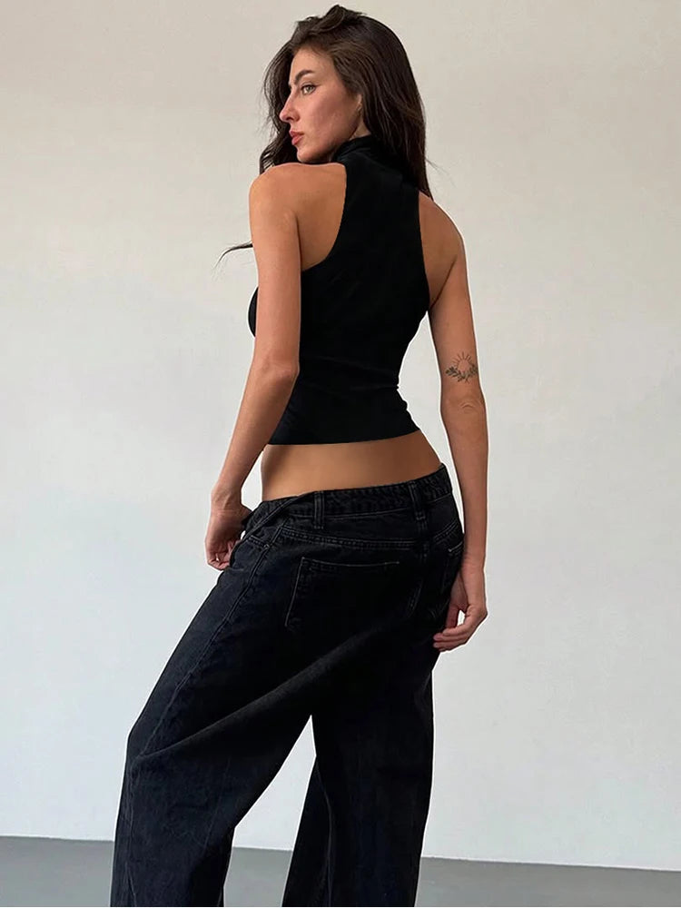 Cutenew Metal Bodycone Halter Women Tanks Classic Solid Stand Collar Skinny Cropped Vests Female Basic Fashion Streetwear Tops - Clikcy