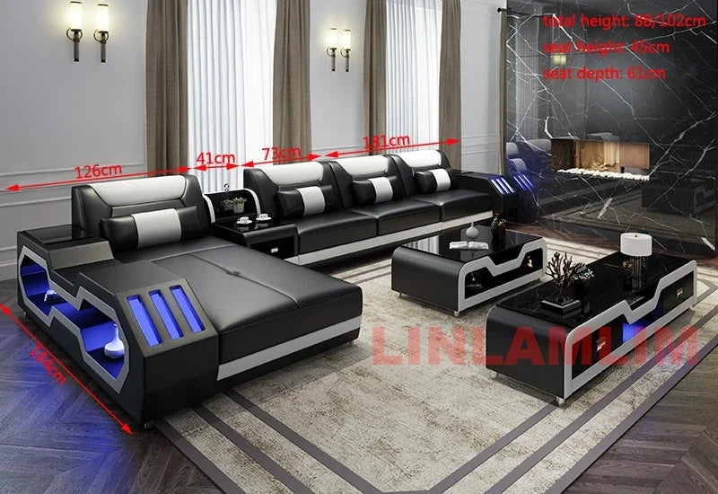 LED Lighted Sofa Set with Recliner, Speaker & USB Ports | Genuine Leather Sectional Couch with Console & Adjustable Headrests - Clikcy