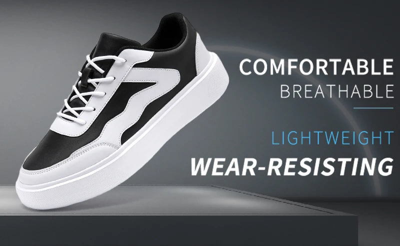 Outdoor Men's Sneakers Comfortable Leather Men's Platform Shoes Casual Lace-up Vulcanized Shoes Black White Walking Shoes - Clikcy