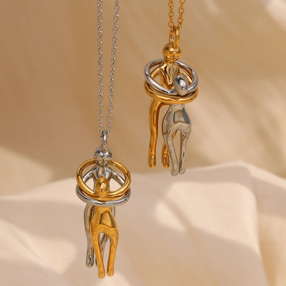 E.B.belle Mix Color Smooth Design People Hug Pendants Necklace Stainless Steel 18K Gold Fashion Jewelry For Lover Family Gift - Clikcy