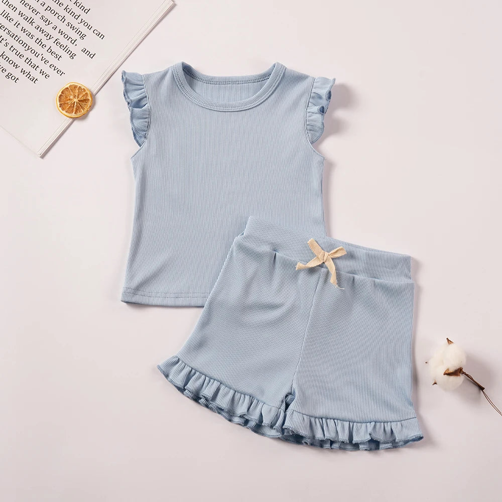 Summer Toddler Girl Ruffle Sleeve 2pcs Set Sleeveless T-shrits Top and Shorts Outfit for Kids Girls Solid Suit Clothing - Clikcy