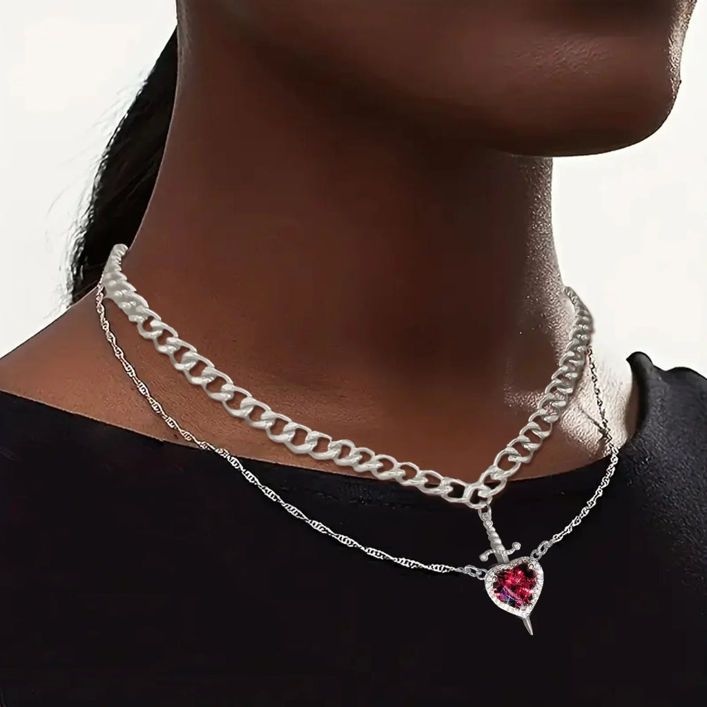 LATS 2pcs Can Be Assembled Heart and Sword Zircon Pendant Necklace for Women Men Couple Silver Gold Plated Choker Chain Jewelry - Clikcy