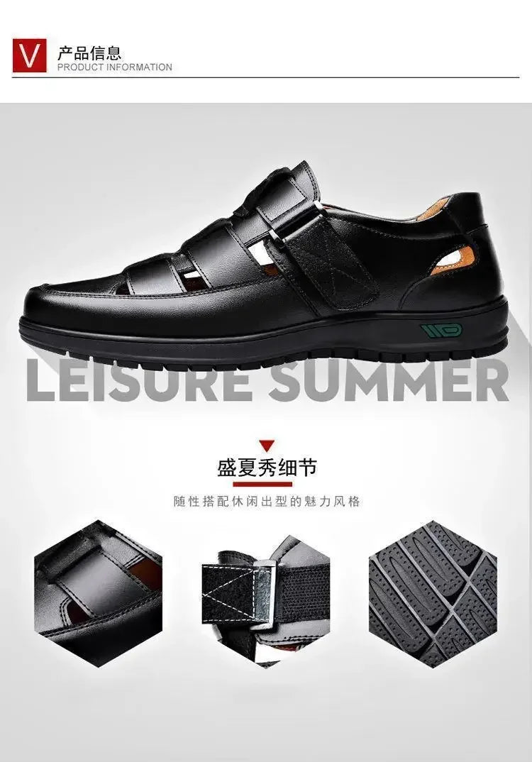 Summer New Men's Hollow up PU Leather Breathable Sandals Non-slip Flat Soft Bottom Handmade Trendy Design Shoes Men's Shoes - Clikcy