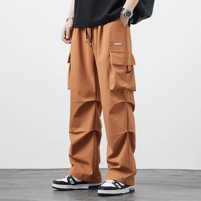 New Plus Size 8XL Men Casual Straight Pants Trousers Ice Silk Fashion Hip Hop Sweatpants Outdoor Stand Pocket Cargo Pants Y2K - Clikcy