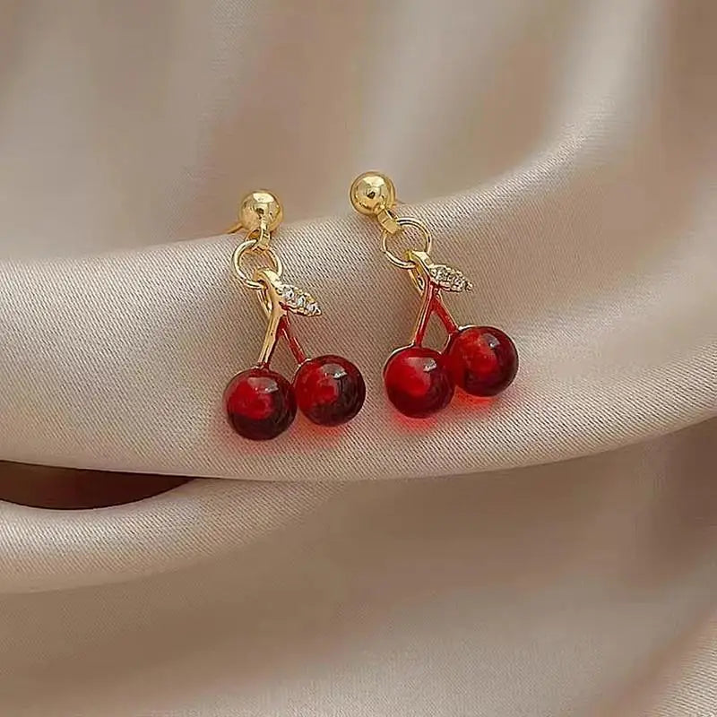 Wine Red Cherry Gold Colour Pendant Necklace Earrings set For Women Personality Fashion Necklace Wedding Jewelry Birthday Gifts - Clikcy