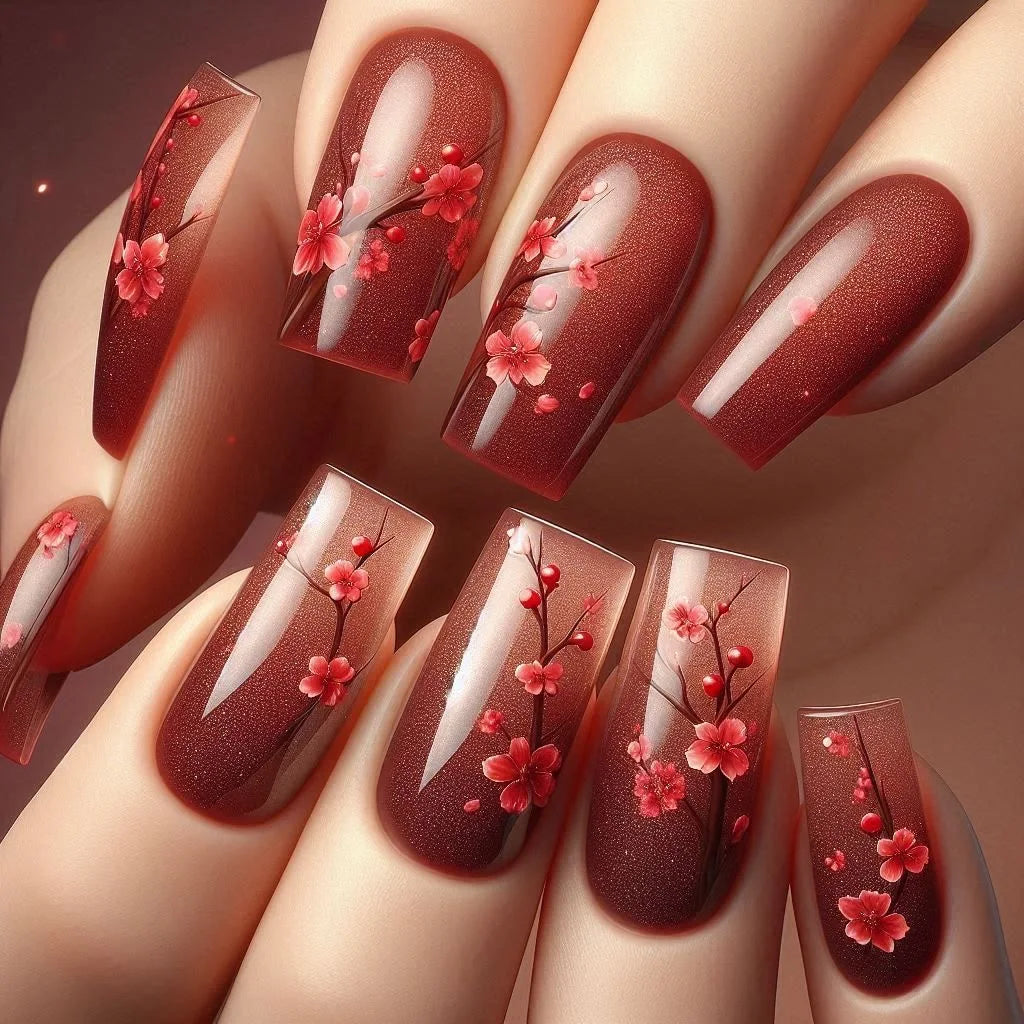 24pcs/set Medium Long fake nails for Spring summer beautiful flowers mushroom bees cute almond square tips press on false nails - Clikcy