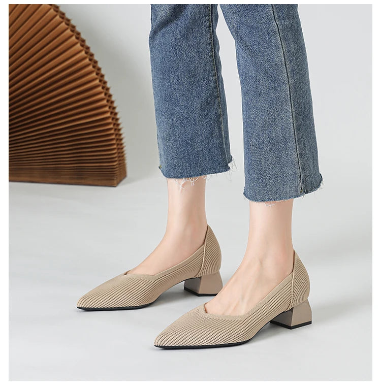 Women's large high-heeled shoes Multicolor pointy knit breathable comfortable anti-skid rubber sole work shoes 2023 new autumn - Clikcy