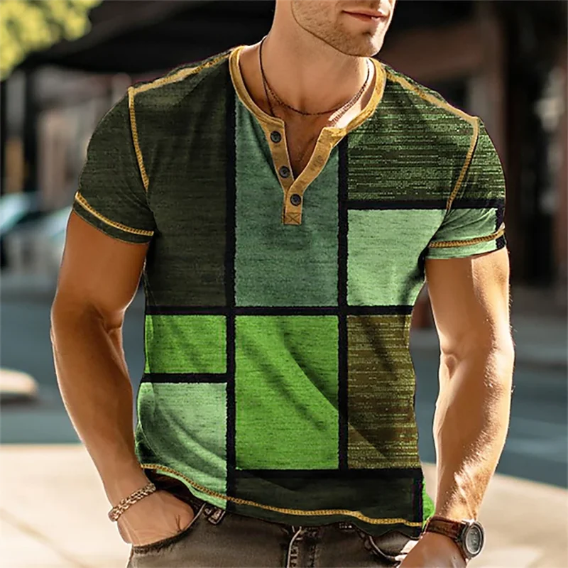 3D Print Patchwork Color Block Vintage Henley Shirts Men's Fashion Oversized Button-Up Short Sleeve T-Shirts Tops Clothes - Clikcy
