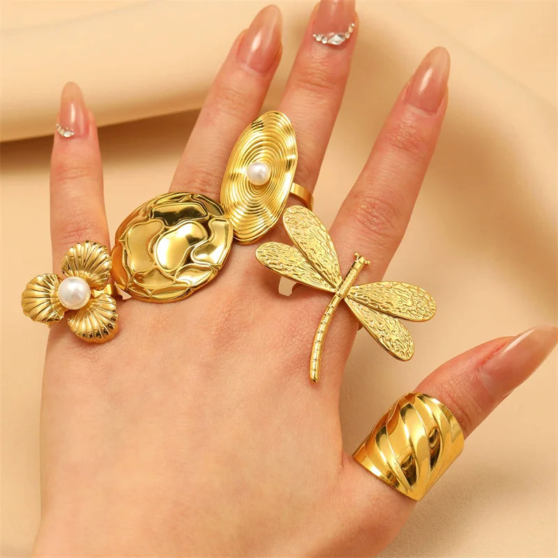 EILIECK  316L Stainless Steel New Design Dragonfly Ring Jewelry Women 18 K Plated Metal Texture Gold Color Ring Accessories - Clikcy