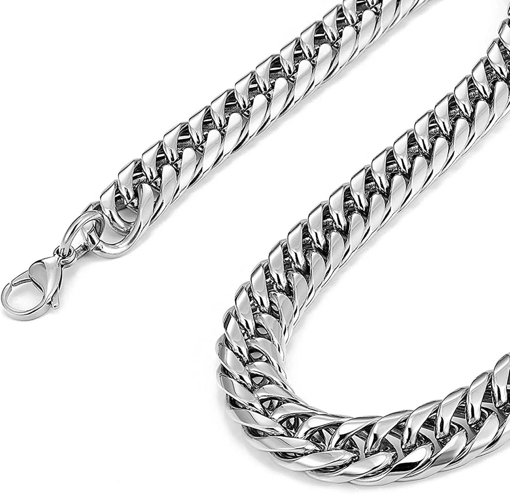 HNSP Stainless Steel Cuban Chain Necklace Bracelet For Men Neck Silver Color 8MM-14MM Thick Long Hand Chains Male Gift - Clikcy
