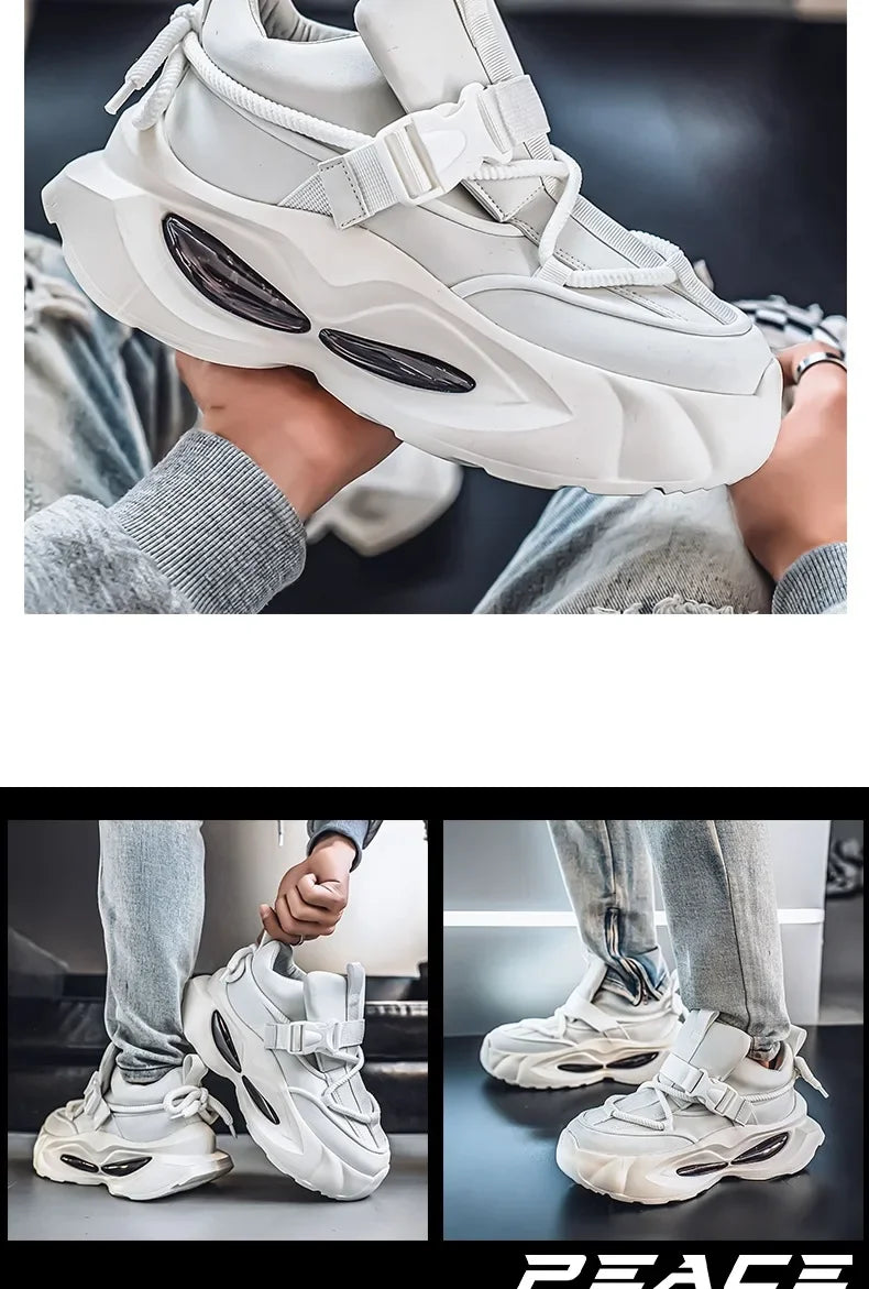 Waterproof Thick Bottom Dad Shoes Outdoor Sports Black Leather Surface Pure Color Spring Autumn Seasonal Style Casual Sneakers