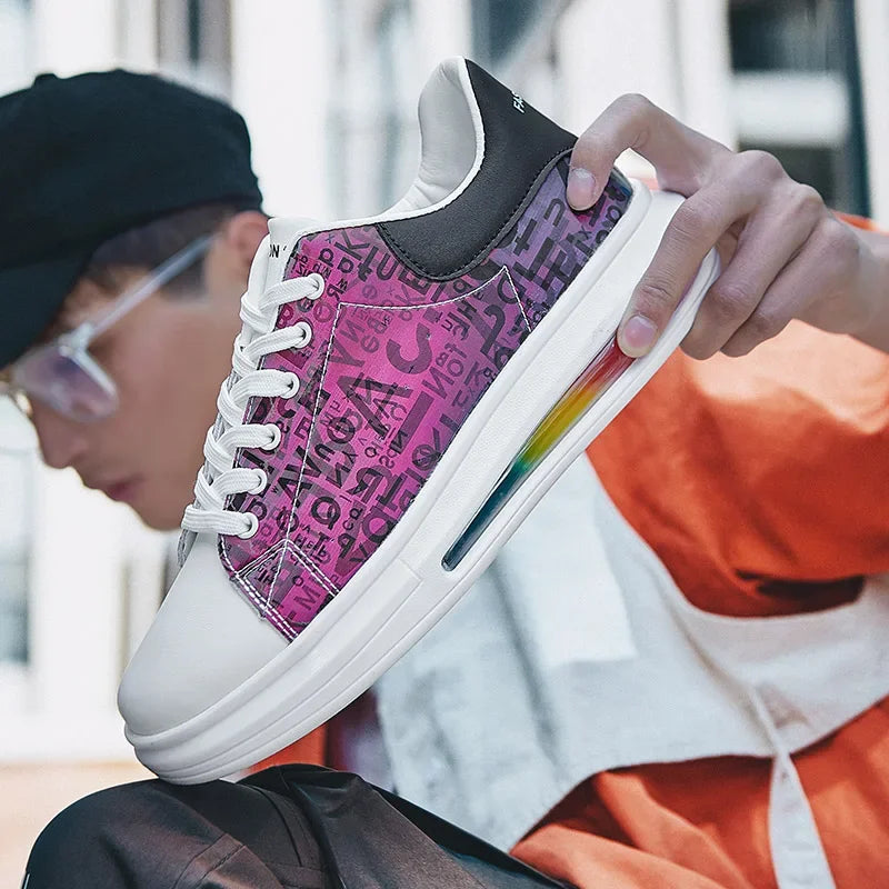 Graffiti 2025 New Casual Men Shoe Fashion Flat Air Cushion Man Sneakers Outdoor Non-slip Designer Tide Pu Leather Big Size 43 44 - Clikcy