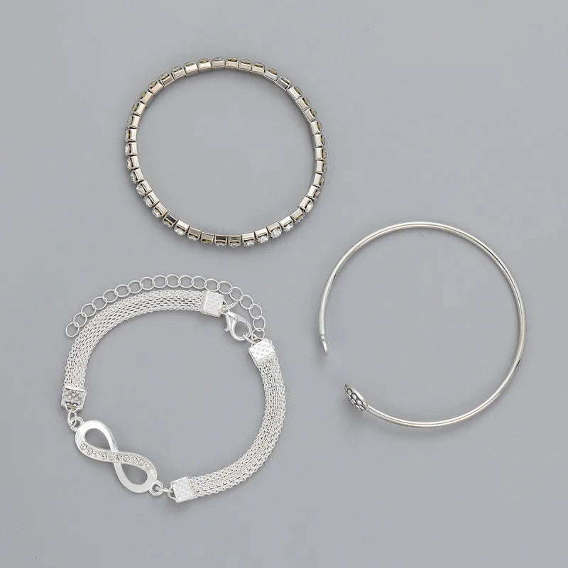 Vintage Set Silver Color Crystal Rhinestone Heart Bracelets for Women Fashion Geometric Adjustable Infinity Cuff Bangle Jewelry - Clikcy
