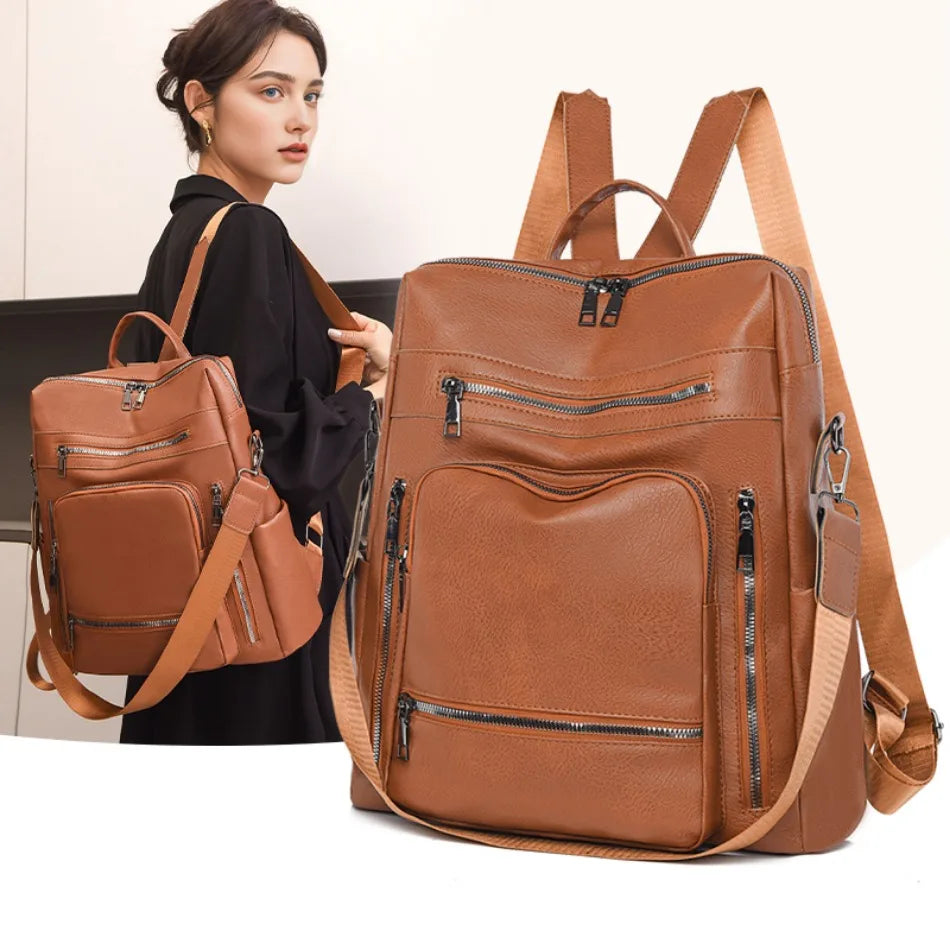 High-quality Leather Women Classic Back Pack 2025 Solid Color Luxury Travel Backpack Casual School Bags Girls Mochilas Feminina - Clikcy