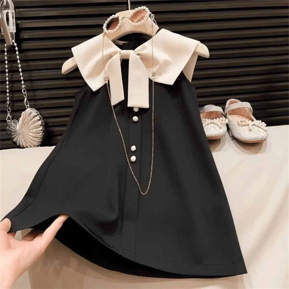 Korean Version Black Sleeveless Kids Clothes Summer New Bow Decoration Girls Dress Birthday Party Princess Dresses 2-7 Years Old - Clikcy