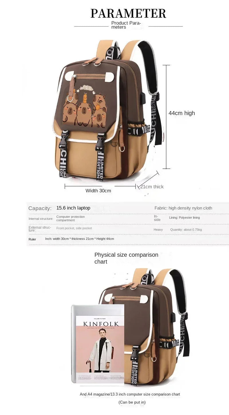 Stylish Kawaii Capybara Computer Backpack College School Casual Daypack Teens Bag Large Capacity Adjustable Strap Schoolbag - Clikcy