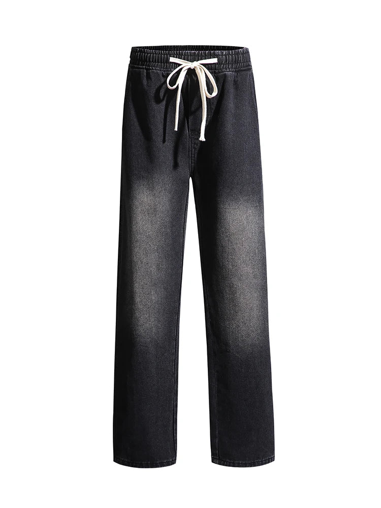 Men's Spring Summer Semi-Wide Leg Jeans Korean Fashion Washed Cotton Casual Denim Pants Black Blue Straight Trousers - Clikcy