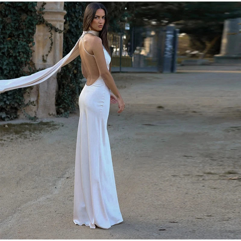 Sexy Satin Ribbon Party Dress Women Elegant Halter Backless Off Shoulder Sleeveless Female Dresses 2024 Summer Solid Robe Gown