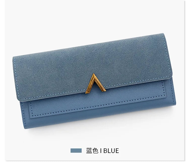 New Korean version women's wallet long V-shaped buckle three fold wallet for women, hand-held bag, change card bag - Clikcy