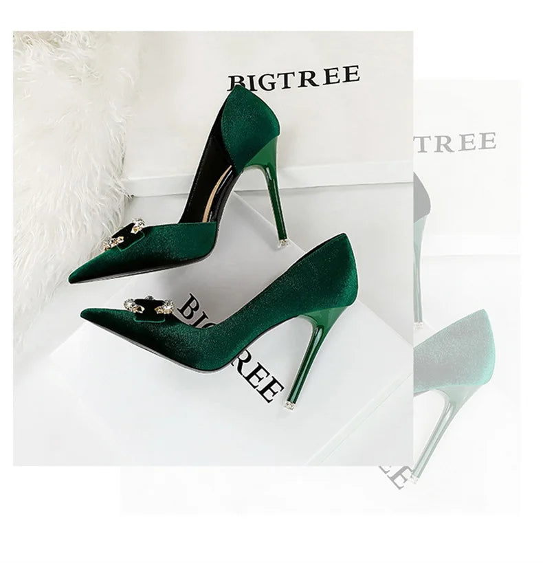 Fashion Women High Heel Rhinestone Buckle Bow Green Pink Pointed Toe Party Pumps Velvet Luxury Elegant Wedding Evening Shoes - Clikcy