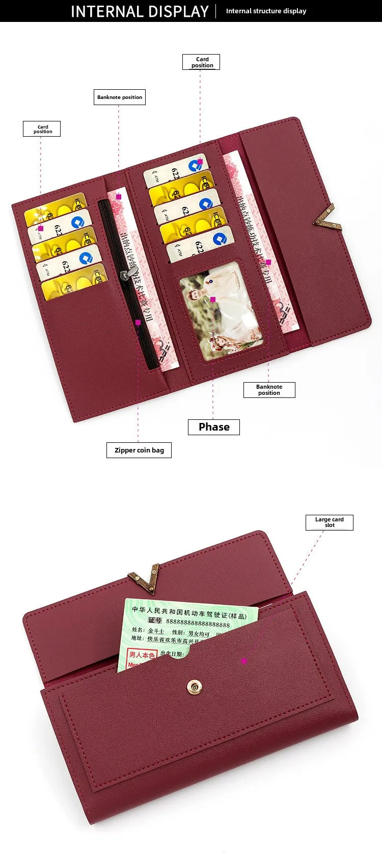 New Korean version women's wallet long V-shaped buckle three fold wallet for women, hand-held bag, change card bag - Clikcy