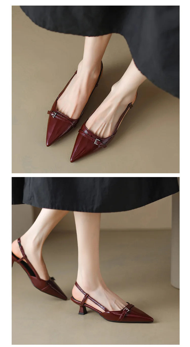2024 New Summer Women's Dress Shoes Patent Leather Slip on Pointed Toe Sandals Buckle Slingbacks Mid Heels Pumps Sandalias Mujer - Clikcy