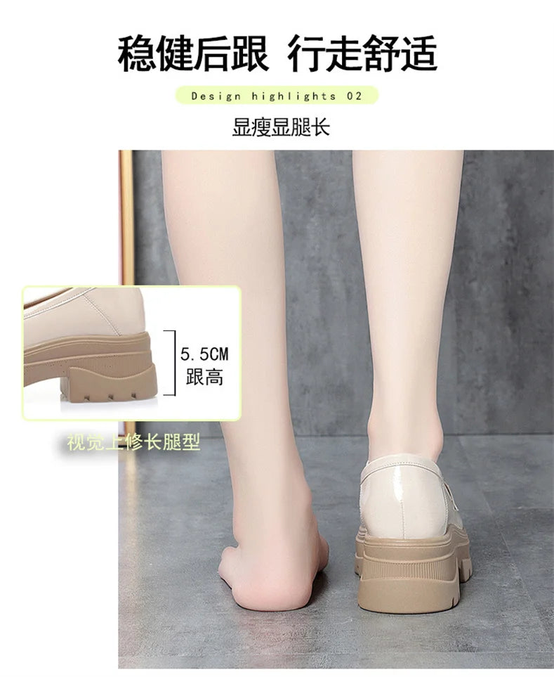 Platform Loafers New Women's Shoes Soft Leather Thick Heels British Small Round Toe Metal Decoration White Leather Shoes - Clikcy