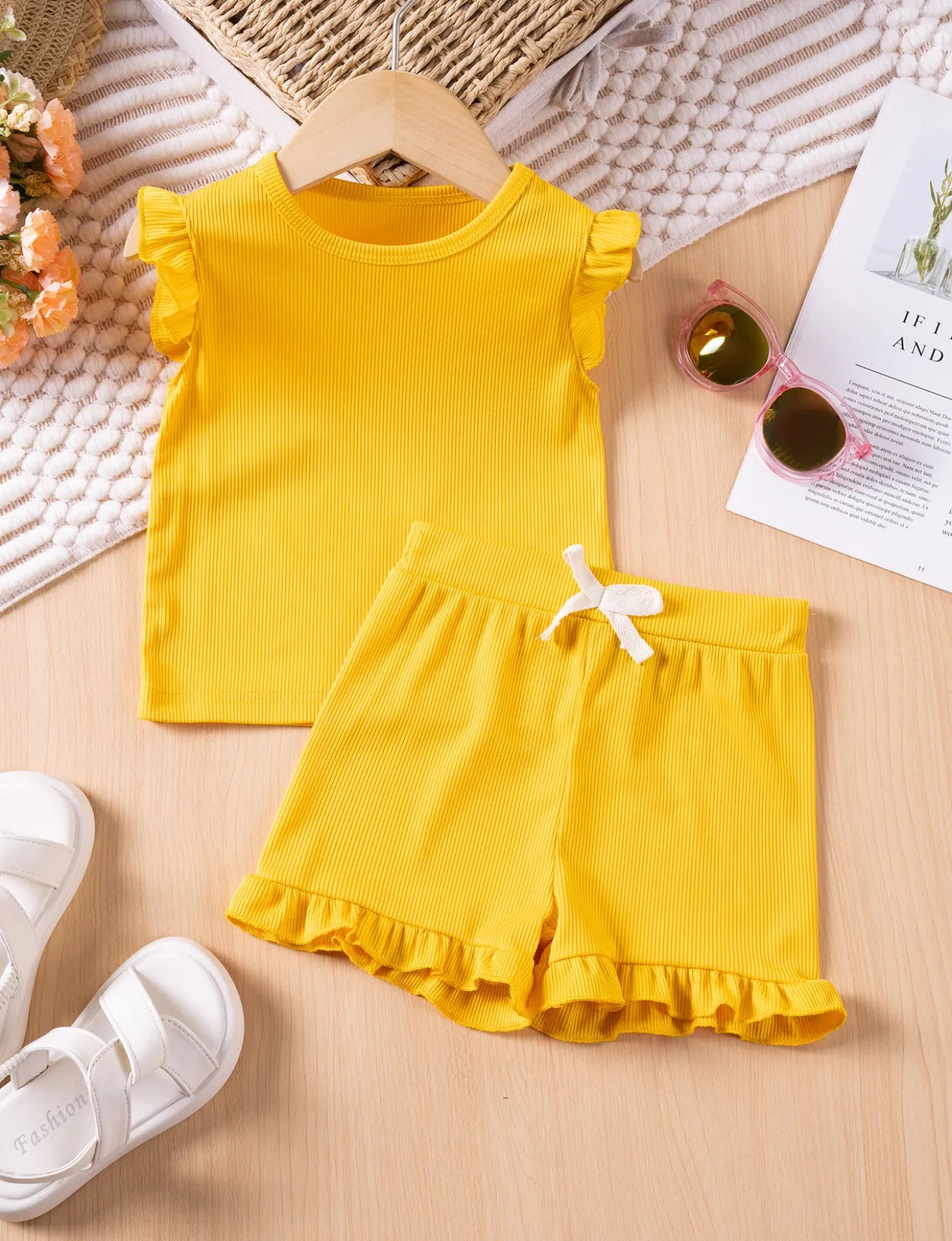 Summer Toddler Girl Ruffle Sleeve 2pcs Set Sleeveless T-shrits Top and Shorts Outfit for Kids Girls Solid Suit Clothing - Clikcy