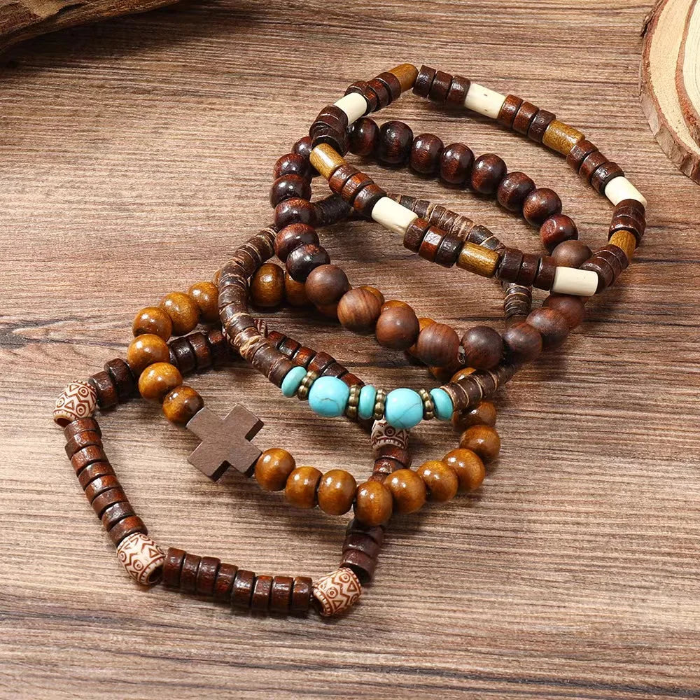 Cross Life Tree 5Pcs/set Vintage Bronze Ethnic Casual Wood Beads Feather Charm Leather Women Bracelets Men Male Jewelry - Clikcy