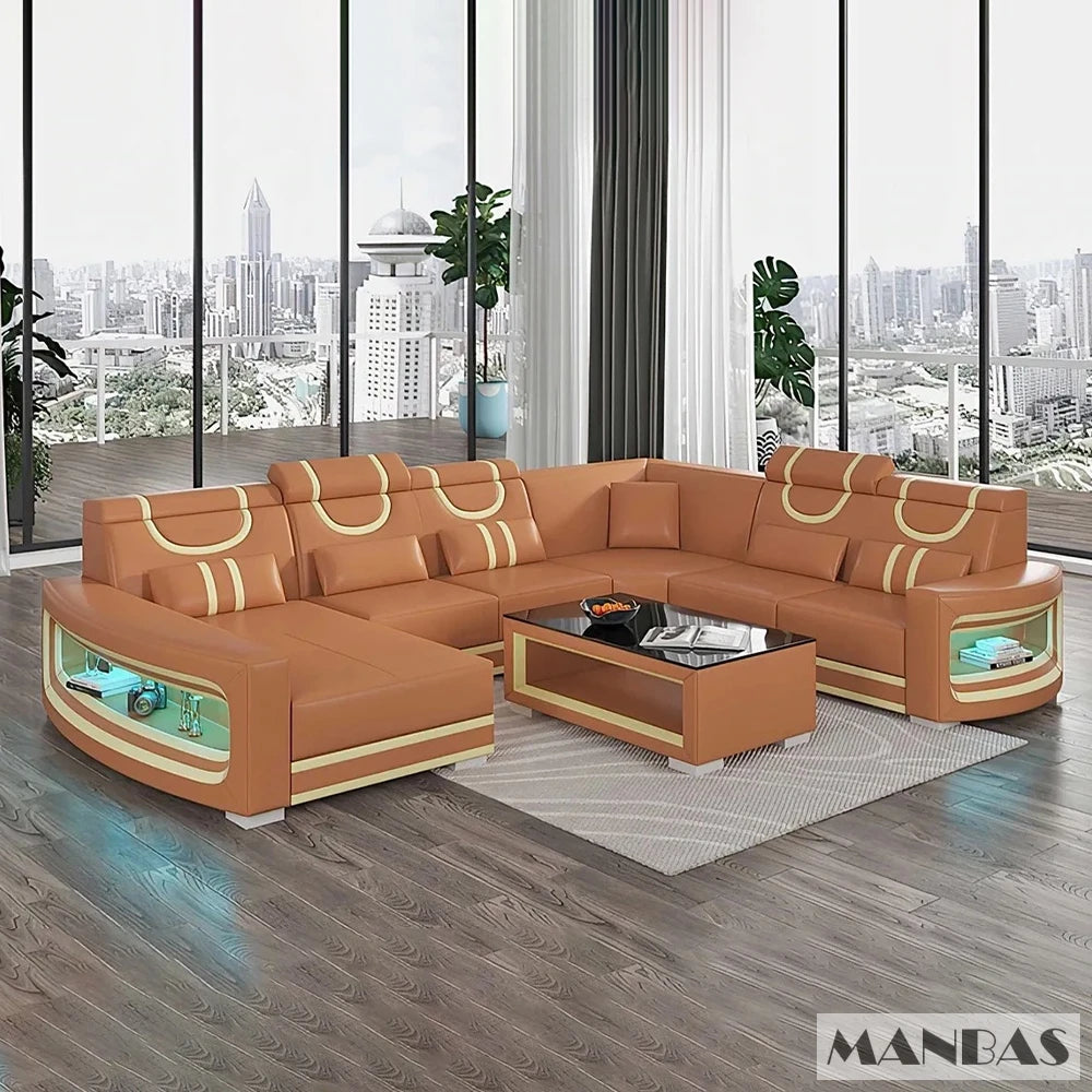 Upgrade Your Living Room with MANBAS Italian Genuine Leather Sofa - 2 Colors Combination, LED Light & Soft Cushions - Clikcy