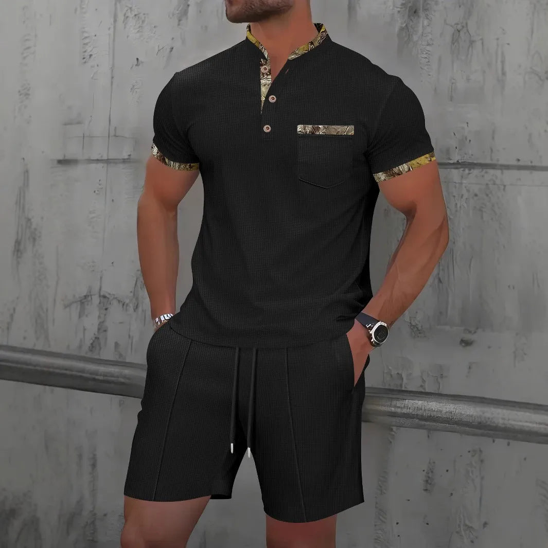 2025 Men Europe and the United States new summer Waffle solid color zip-up lapel short-sleeve suit shorts two sets