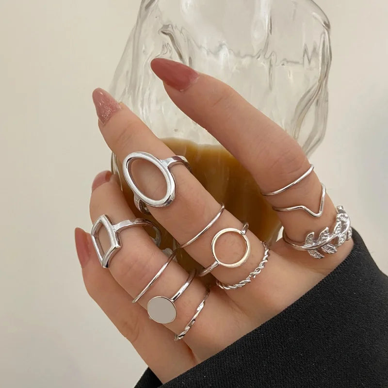11 Pcs/Set Olive Branch Leaf Geometry Rings Set for Women Combination Creative Joint Ring Fashion Party Jewelry Gift - Clikcy
