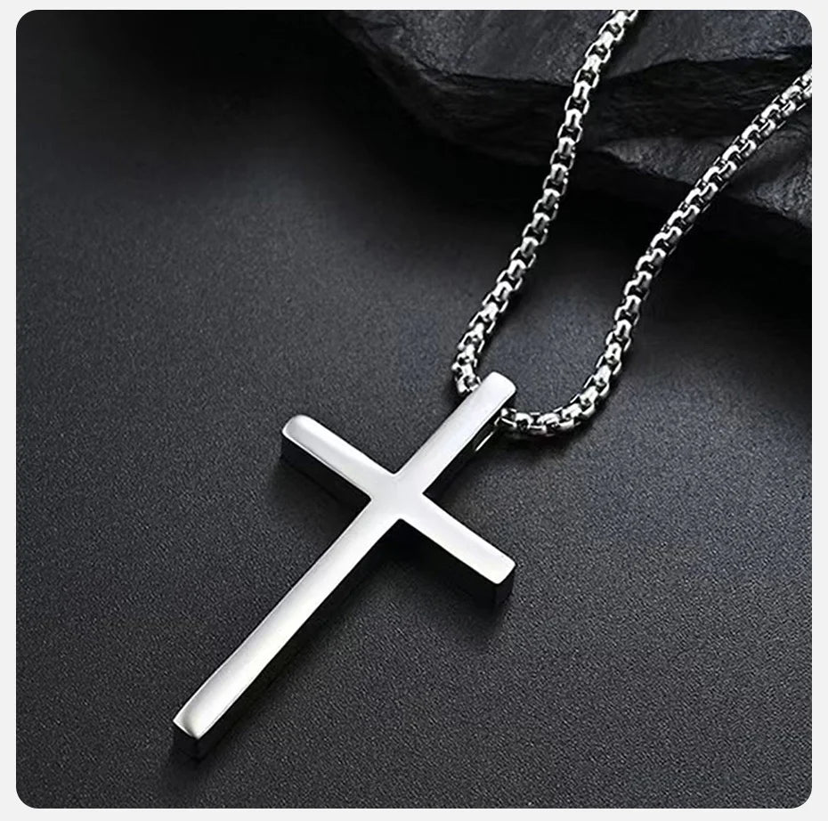 Vnox Cross Necklace for Men Women, Silver Color Plain Cross Pendant Collar with Stainless Steel Box Chain - Clikcy