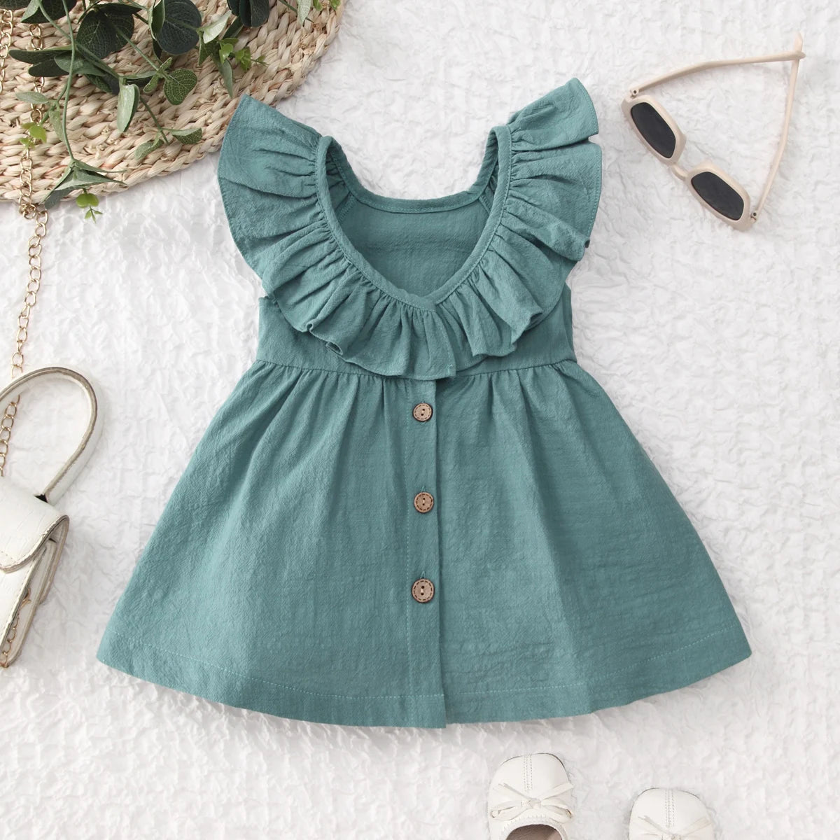 Summer Back Bow Children Girls Flutter Sleeve Princess Dresses Ruffle Sleeve Linen Cotton Baby Kids Dress - Clikcy
