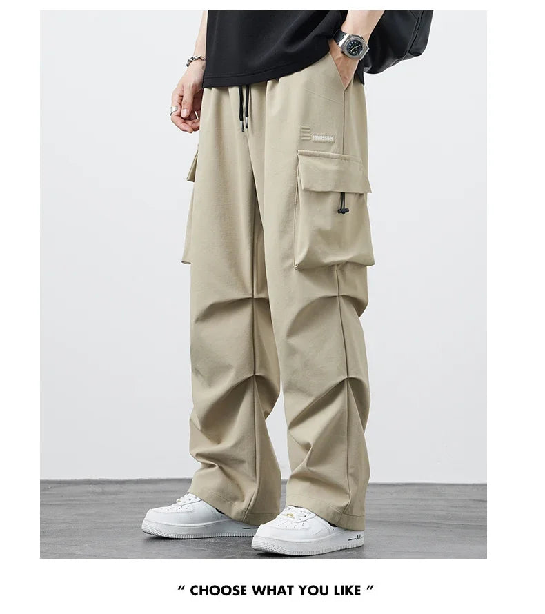 New Plus Size 8XL Men Casual Straight Pants Trousers Ice Silk Fashion Hip Hop Sweatpants Outdoor Stand Pocket Cargo Pants Y2K - Clikcy