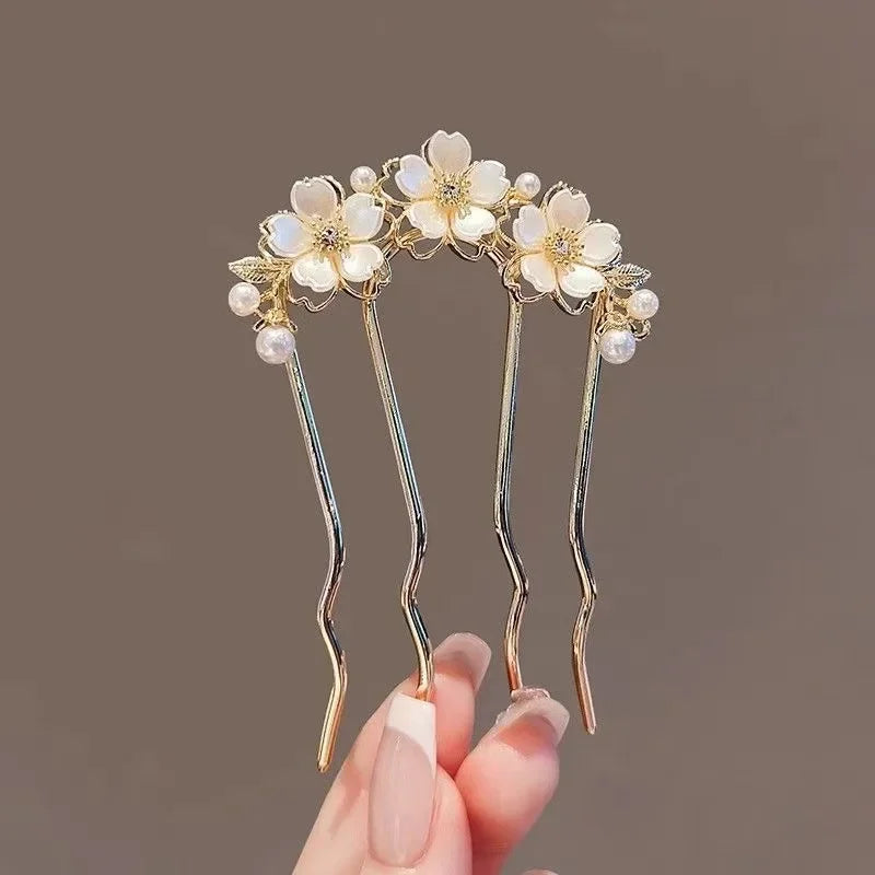 Pearl Flower Wavy Hair Combs for Women Elegant Forest Style U-shaped Hairpin High-end Metal Bun Head Hair Clasp - Clikcy