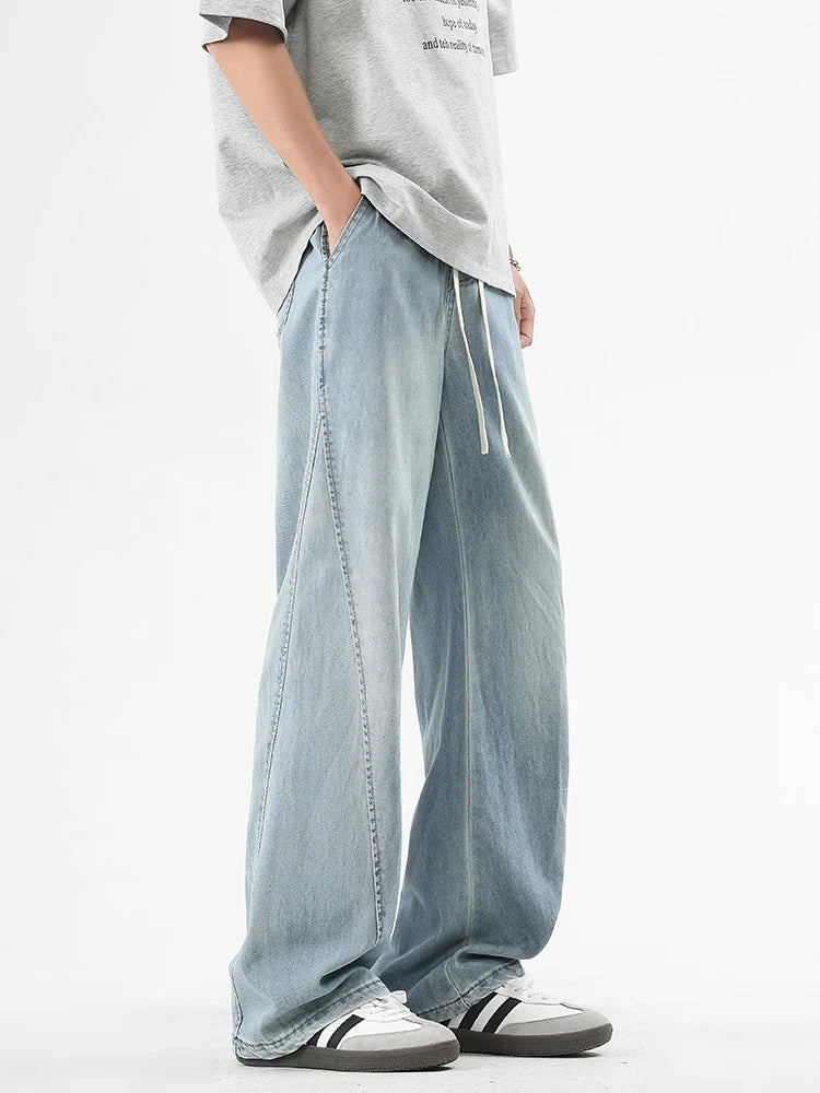 Summer Men's Lightweight Jeans Korean Fashion Breathable Cotton Drawstring Wide-Leg Baggy Denim Pants Straight Jean Trousers - Clikcy