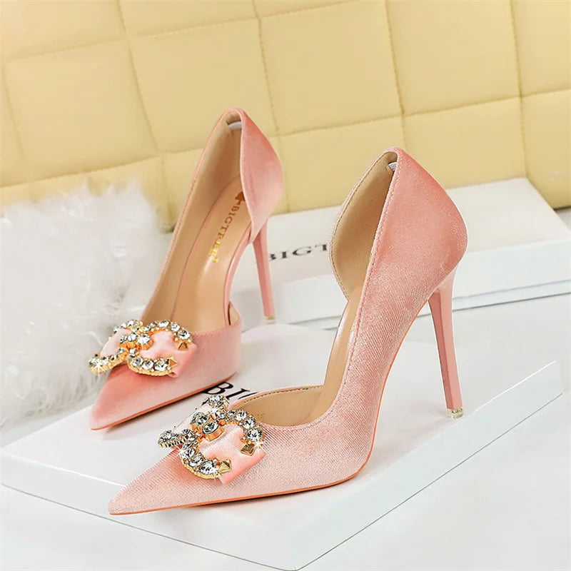 Fashion Women High Heel Rhinestone Buckle Bow Green Pink Pointed Toe Party Pumps Velvet Luxury Elegant Wedding Evening Shoes - Clikcy