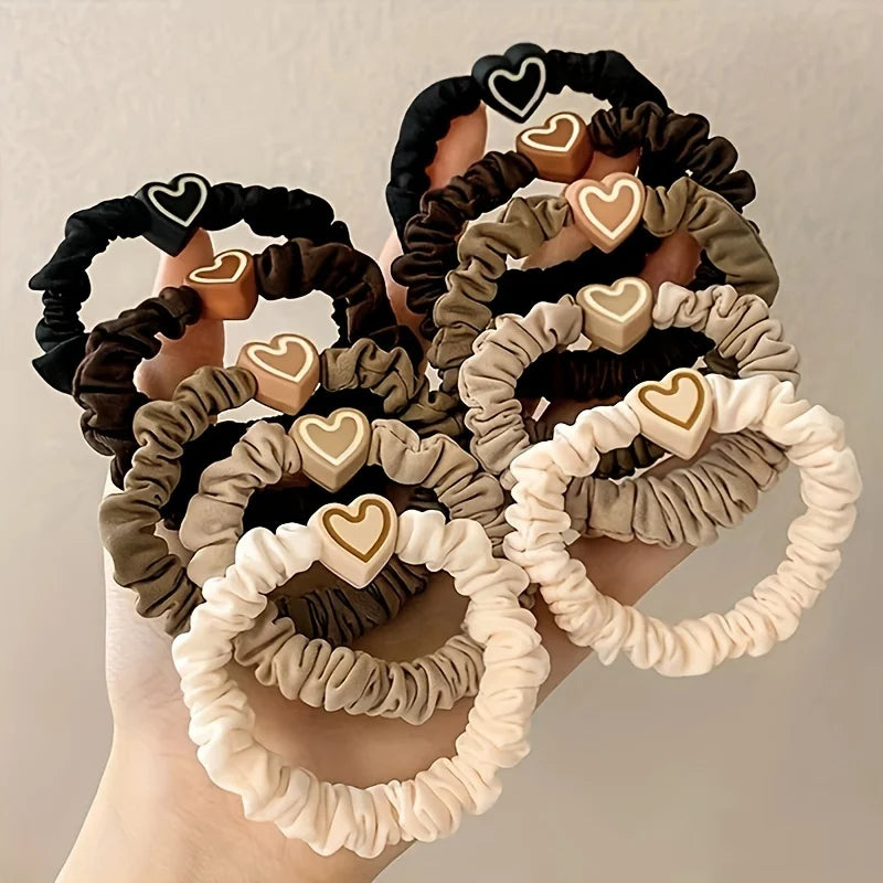 10PCS New Coffee Color Love Pendent Hair Tie, Girl Cute Bowknot Hair Tie Elastic Rubber Hair Bands Hair Accessories For Women - Clikcy