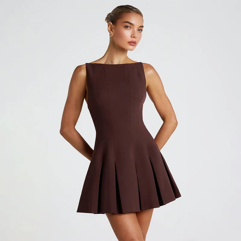 Vintage Brown Mini Halter Dress Backless Hem Pleated A Line Robes Sleeveless Party Robes 2025 New Lady Holiday Banquet Dresses - Clikcy